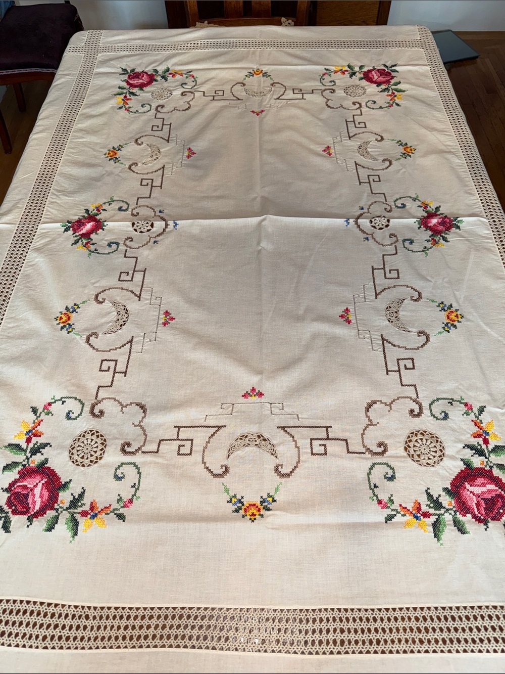 Vintage cotton embroidered tablecloth